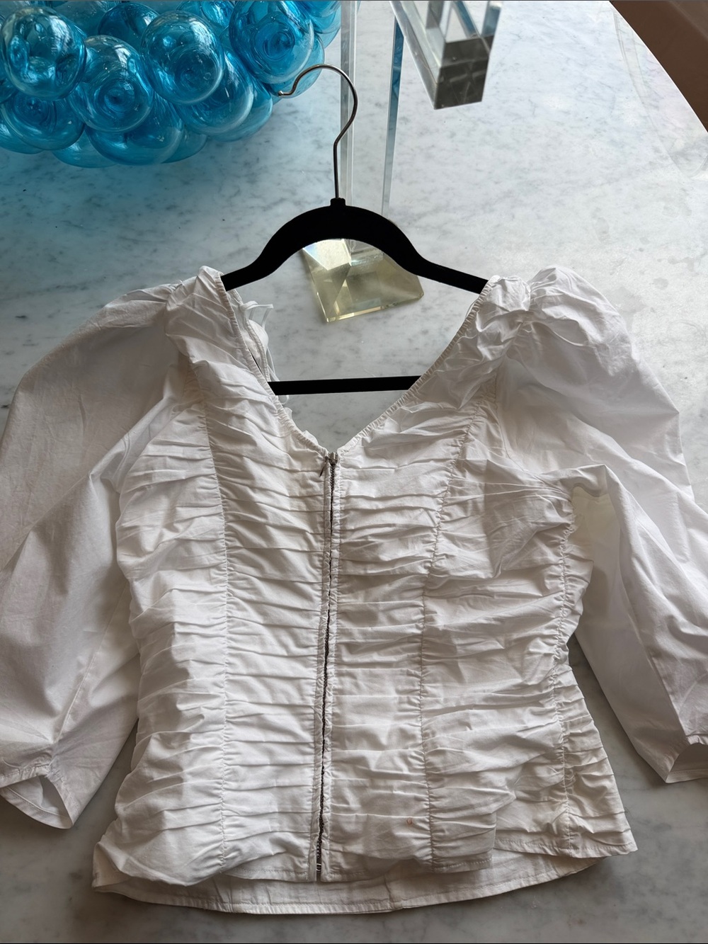 White Ruched Zip-Front Puff Sleeve Blouse